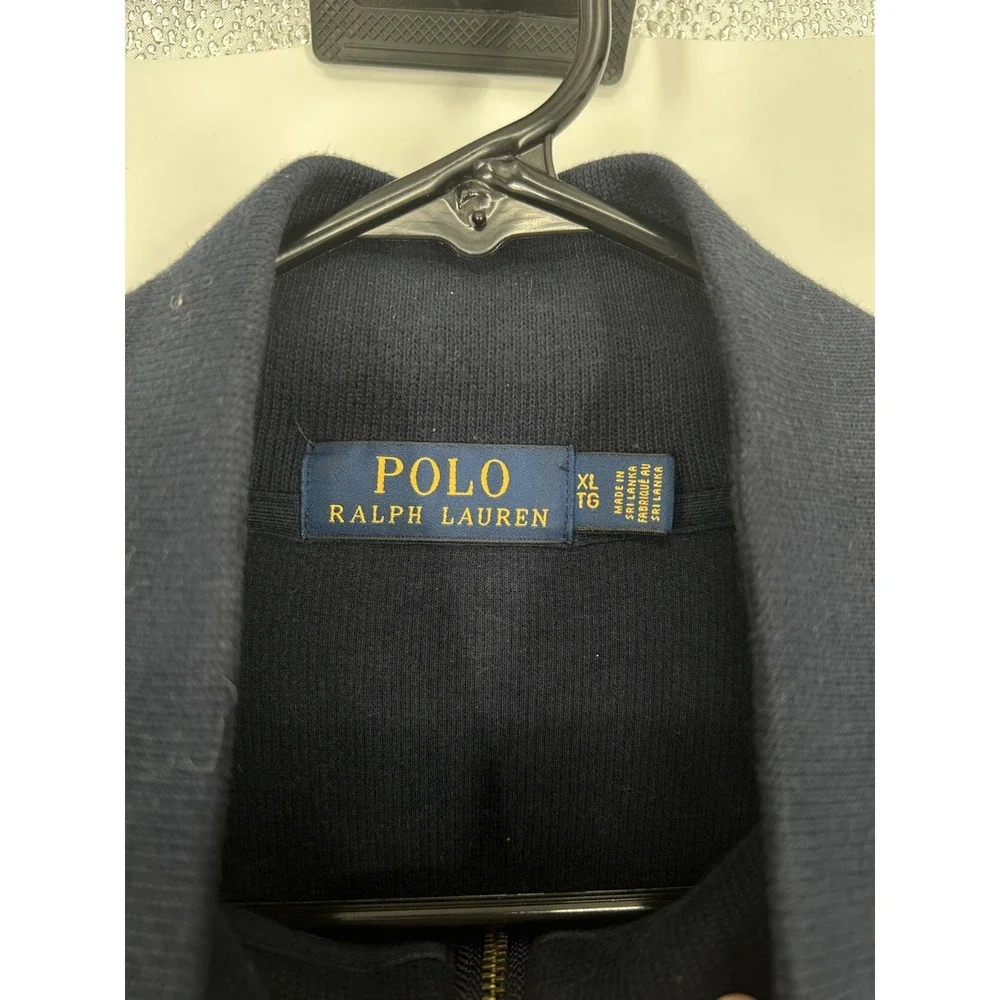 Polo Ralph Lauren Sweater Navy Knit Quarter 1/4 Zip Pullover Leather Tab Mens XL